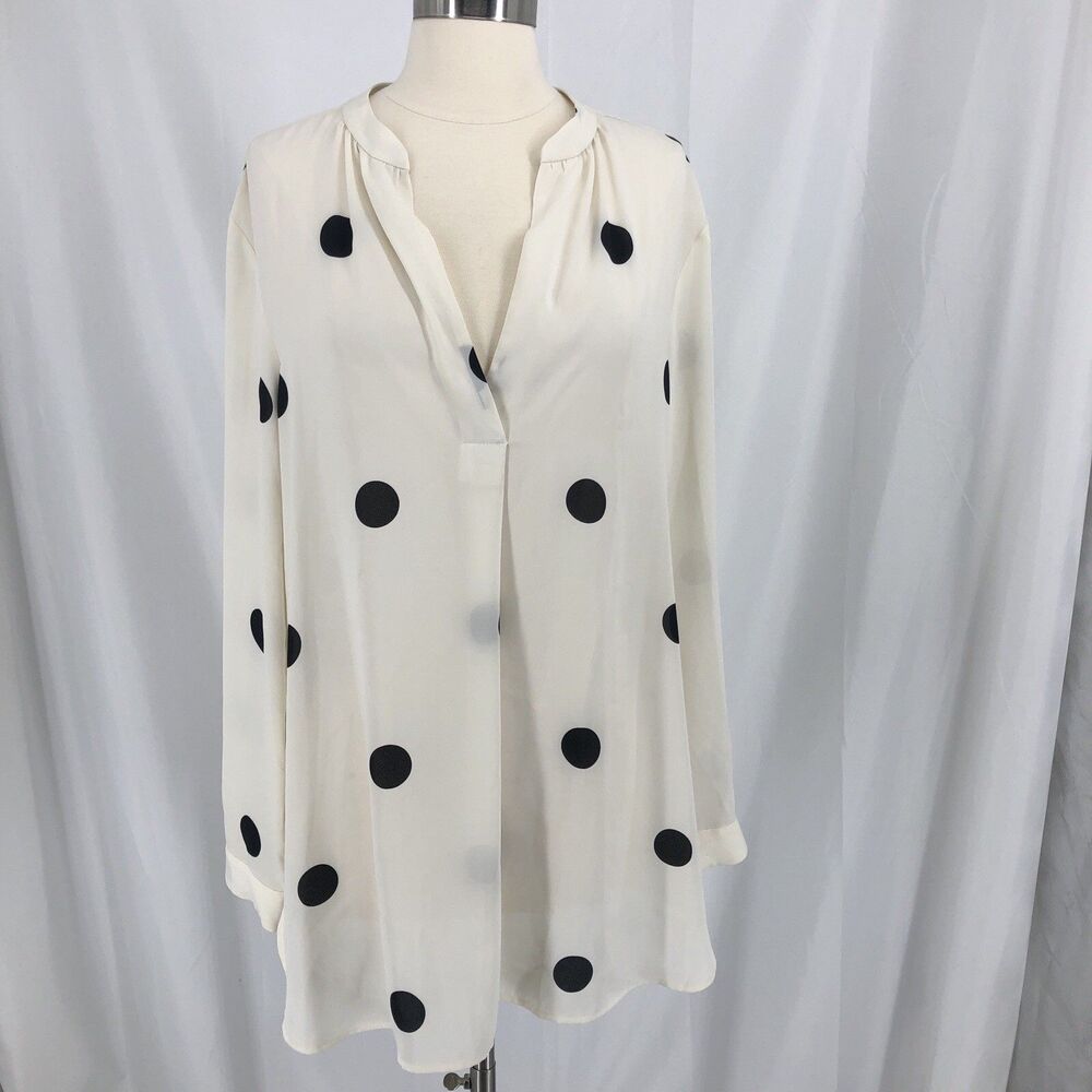 Loft V-Neck Semi Sheer Long Sleeve Blouse Ivory Polka Dot Womens XL Career